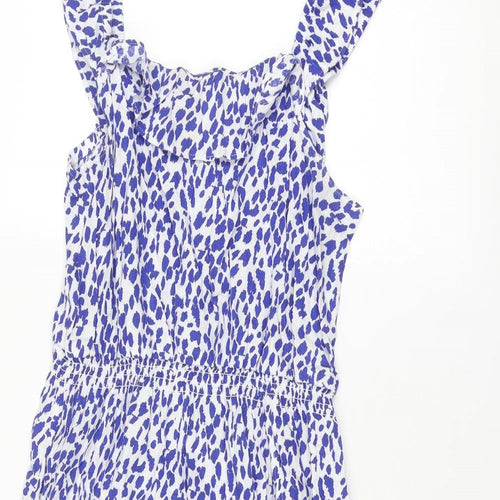 Marks and Spencer Womens Blue Animal Print Linen A-Line Size 14 Scoop Neck Pullover