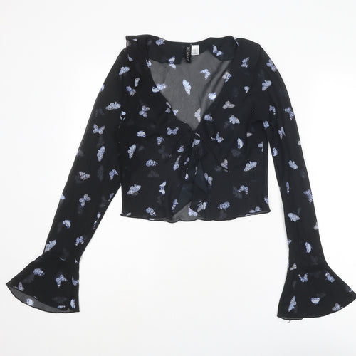 Divided by H&M Womens Black Geometric Polyester Cropped Blouse Size XS V-Neck - Butterfly Pattern