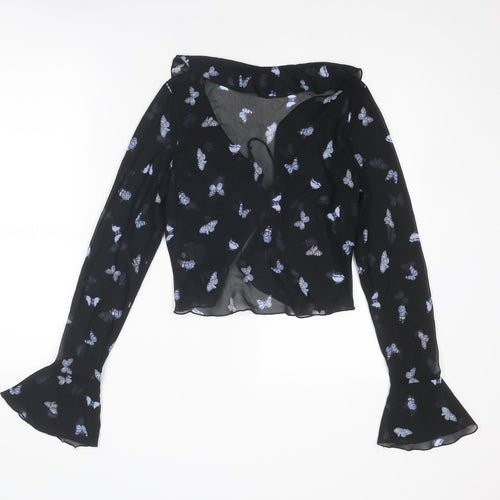 Divided by H&M Womens Black Geometric Polyester Cropped Blouse Size XS V-Neck - Butterfly Pattern
