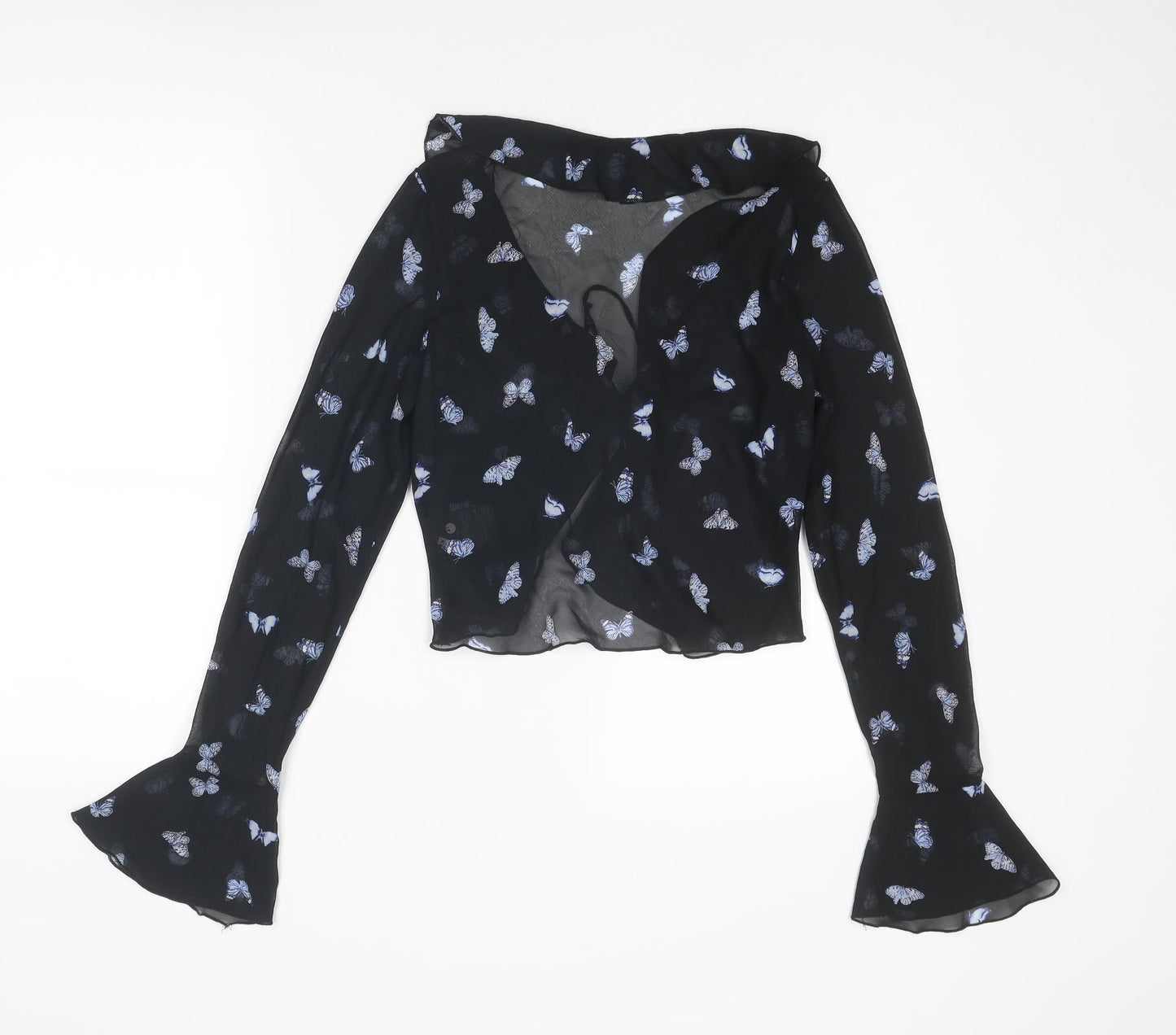 Divided by H&M Womens Black Geometric Polyester Cropped Blouse Size XS V-Neck - Butterfly Pattern