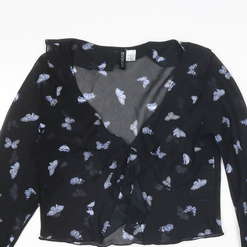 Divided by H&M Womens Black Geometric Polyester Cropped Blouse Size XS V-Neck - Butterfly Pattern