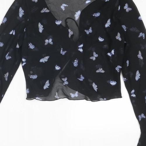 Divided by H&M Womens Black Geometric Polyester Cropped Blouse Size XS V-Neck - Butterfly Pattern