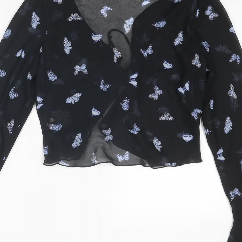Divided by H&M Womens Black Geometric Polyester Cropped Blouse Size XS V-Neck - Butterfly Pattern