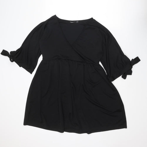 Boohoo Womens Black Polyester Mini Size 16 V-Neck Pullover - Tie Sleeve Detail
