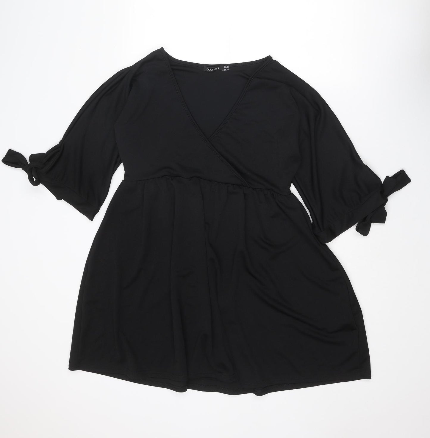 Boohoo Womens Black Polyester Mini Size 16 V-Neck Pullover - Tie Sleeve Detail