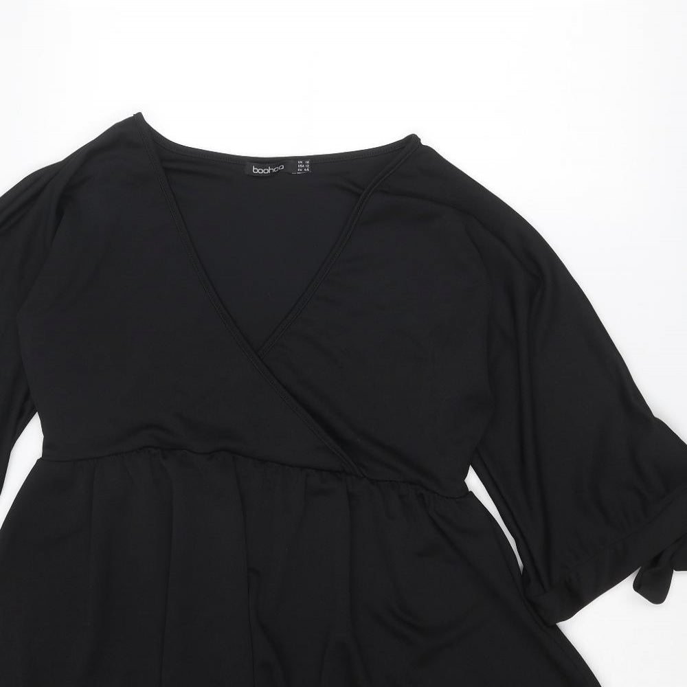 Boohoo Womens Black Polyester Mini Size 16 V-Neck Pullover - Tie Sleeve Detail