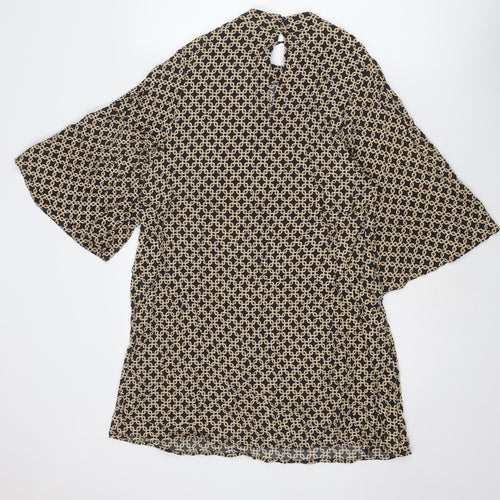 H&M Womens Multicoloured Geometric Viscose Shift Size 16 Round Neck Button - Flared Sleeve