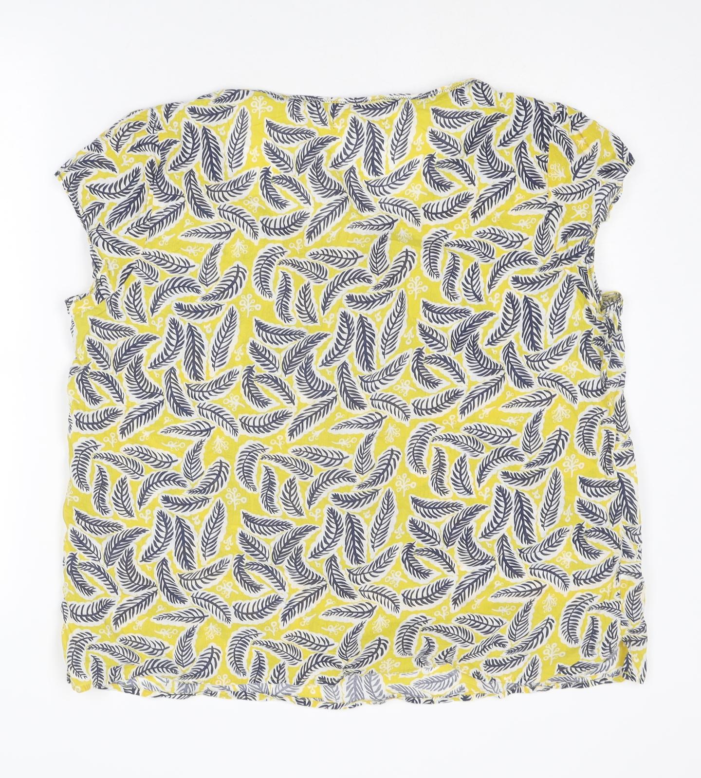 White Stuff Womens Yellow Geometric Cotton Basic T-Shirt Size 16 V-Neck - Feather Print