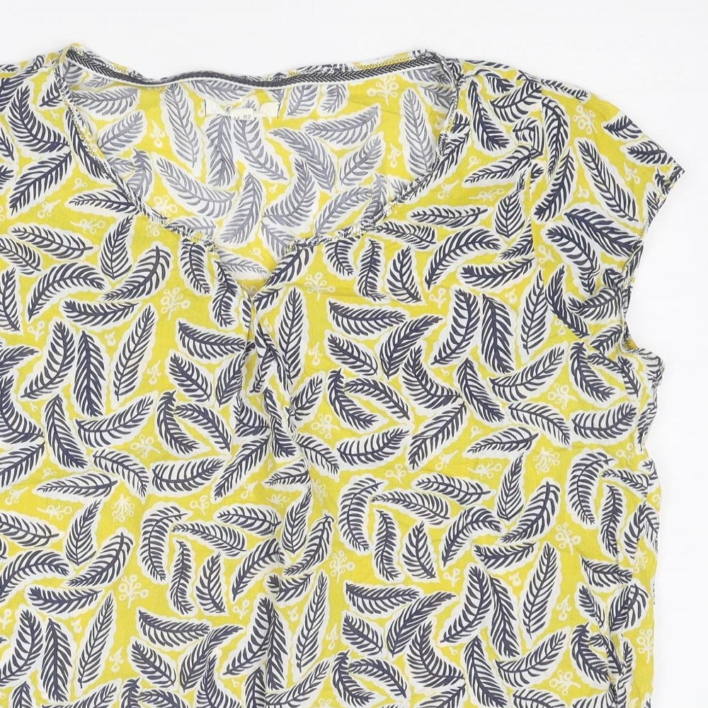 White Stuff Womens Yellow Geometric Cotton Basic T-Shirt Size 16 V-Neck - Feather Print