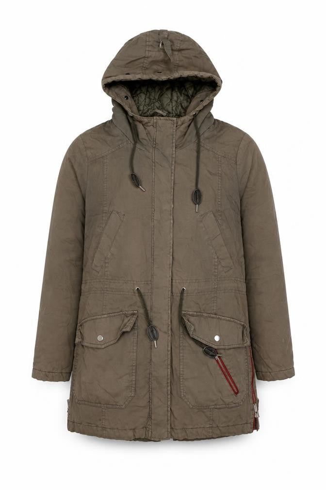Front view of YFL Reserved women’s brown parka coat, size UK 10, zip