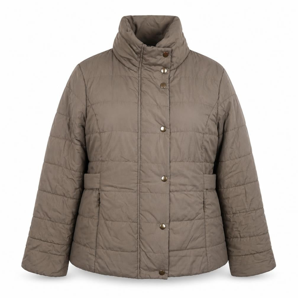 Front view of EWM women’s brown quilted jacket, size UK 14, zip