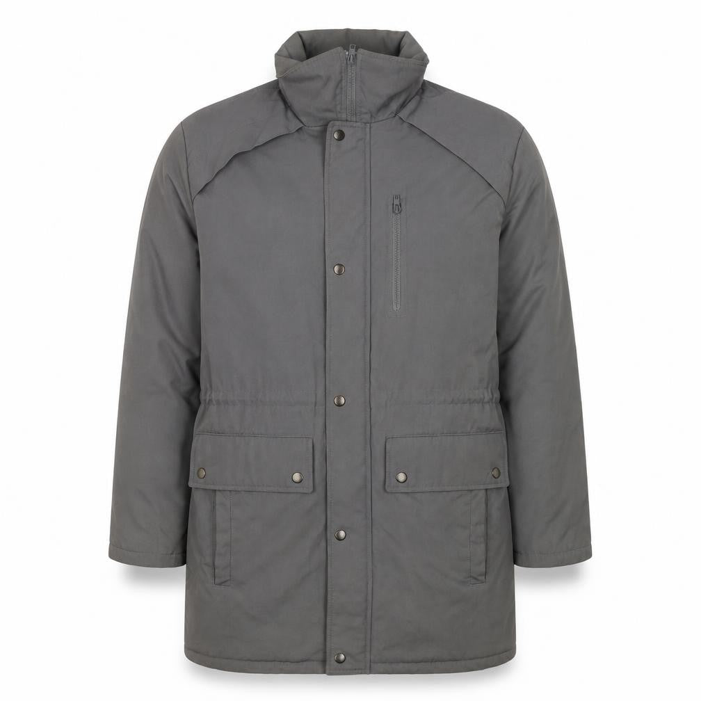 Front view of Canada men’s grey parka jacket, size M, zip