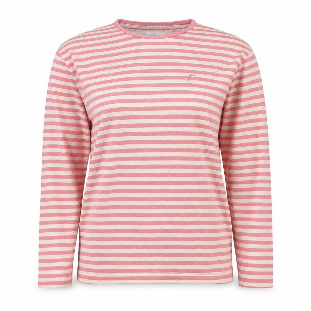 Front view of Fairplay women’s pink striped cotton pullover sweatshirt, size M, pullover