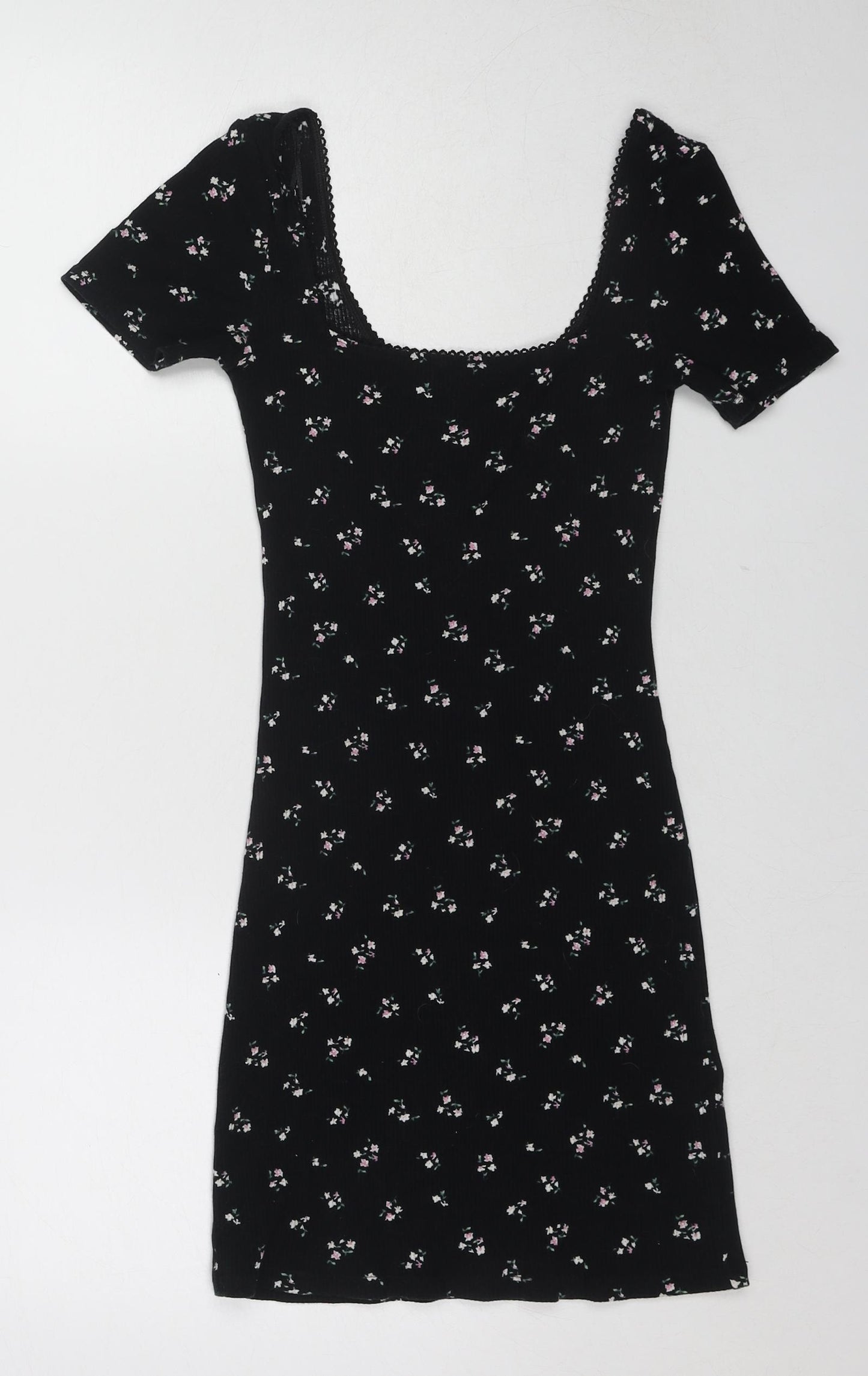 Divided by H&M Womens Black Floral Cotton Mini Size S Scoop Neck Pullover