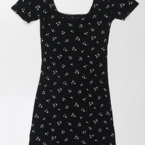 Divided by H&M Womens Black Floral Cotton Mini Size S Scoop Neck Pullover