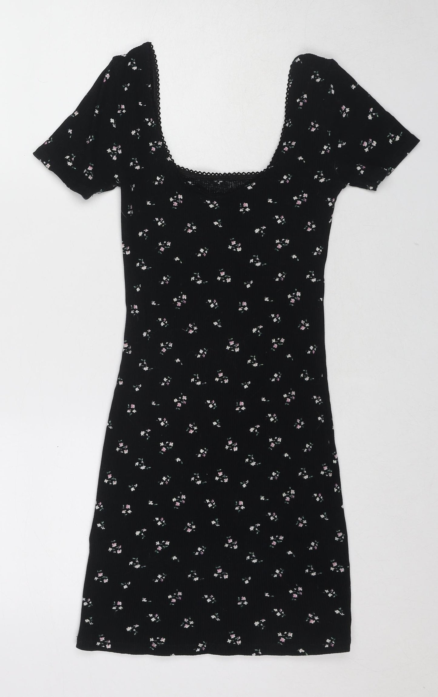 Divided by H&M Womens Black Floral Cotton Mini Size S Scoop Neck Pullover