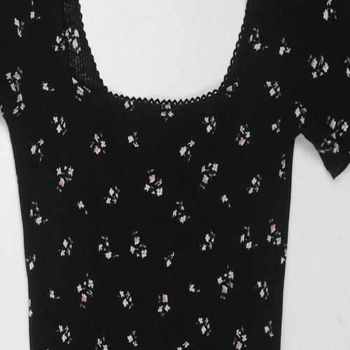 Divided by H&M Womens Black Floral Cotton Mini Size S Scoop Neck Pullover