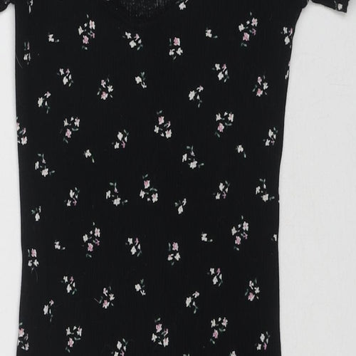 Divided by H&M Womens Black Floral Cotton Mini Size S Scoop Neck Pullover