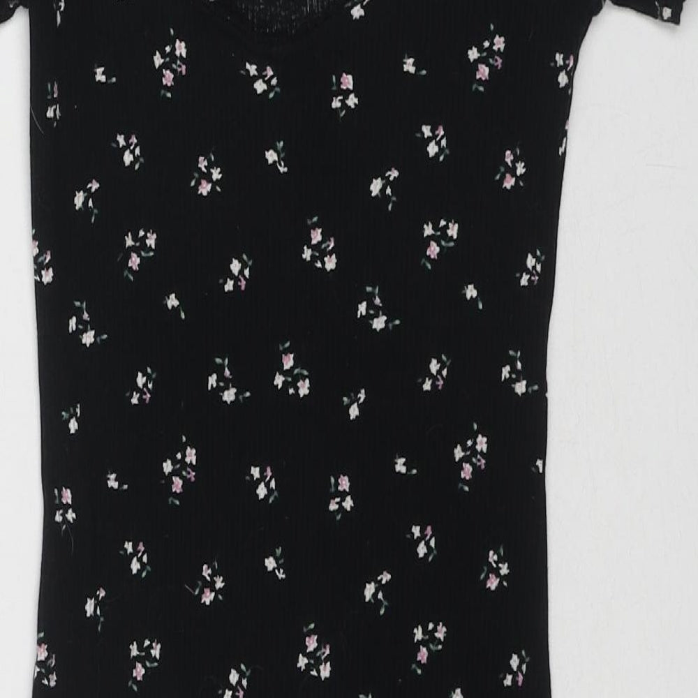 Divided by H&M Womens Black Floral Cotton Mini Size S Scoop Neck Pullover