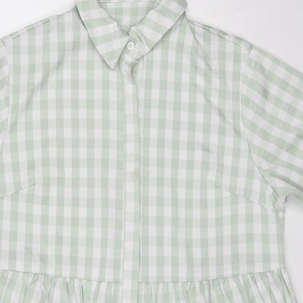Missguided Womens Green Check Polyester Shirt Dress Size 12 Collared Button
