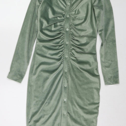 New Favore Womens Green Polyester A-Line Size M Collared Button