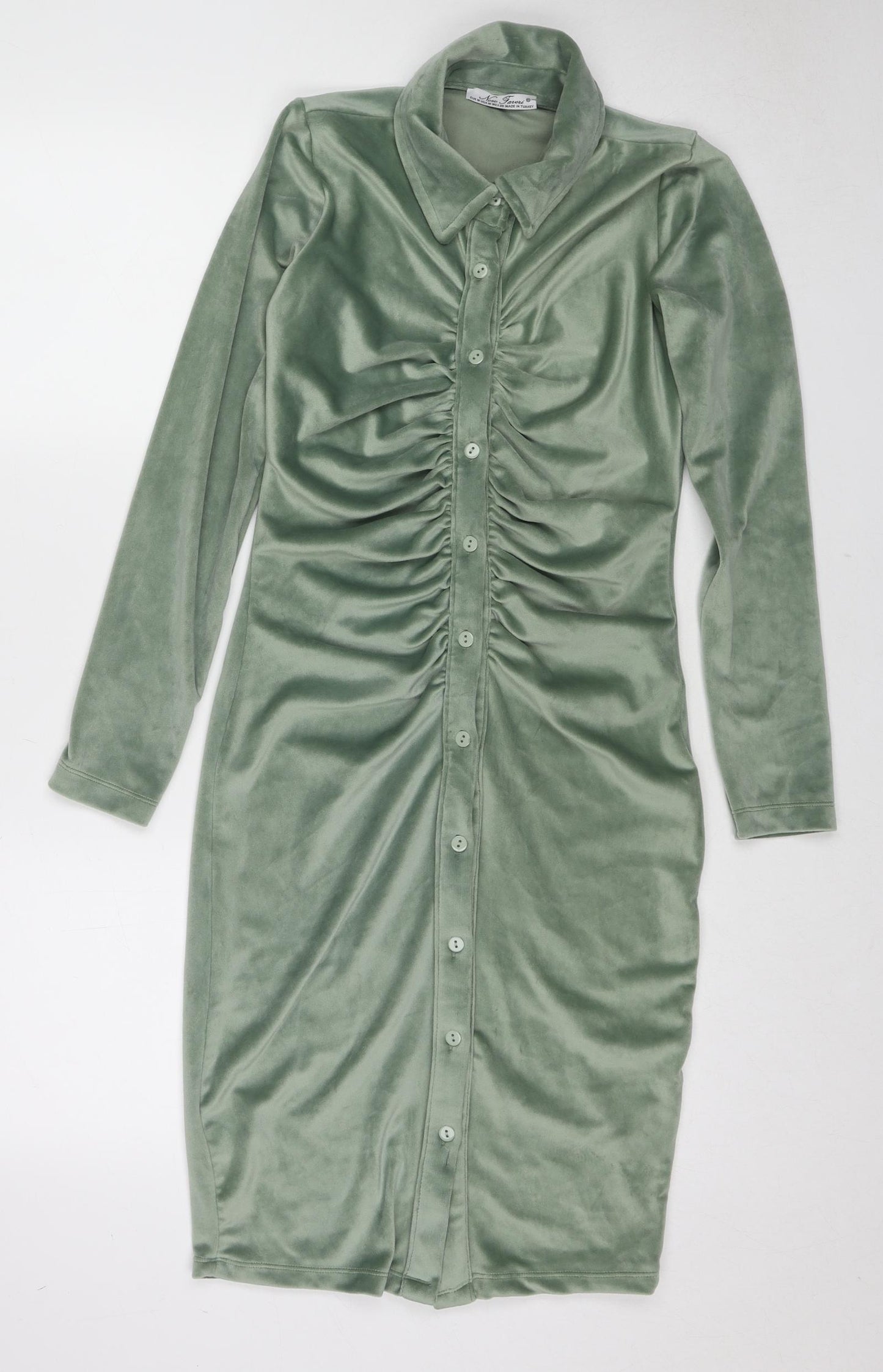 New Favore Womens Green Polyester A-Line Size M Collared Button