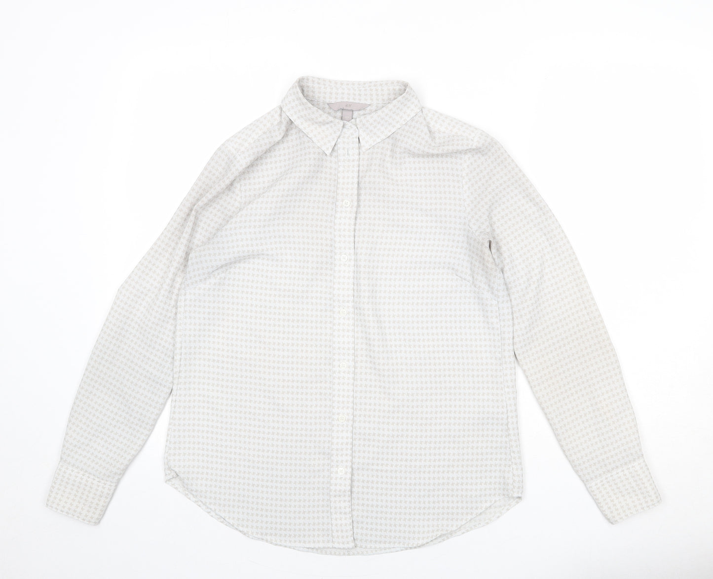 H&M Womens Grey Herringbone Polyester Basic Button-Up Size 8 Collared