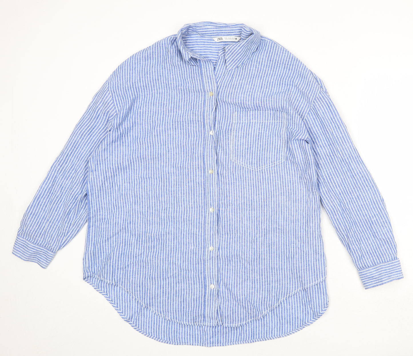 Zara Womens Blue Striped Linen Basic Button-Up Size S Collared