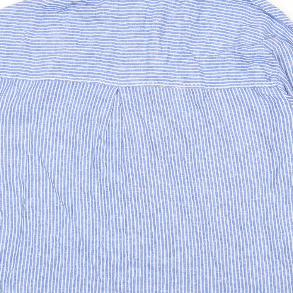 Zara Womens Blue Striped Linen Basic Button-Up Size S Collared