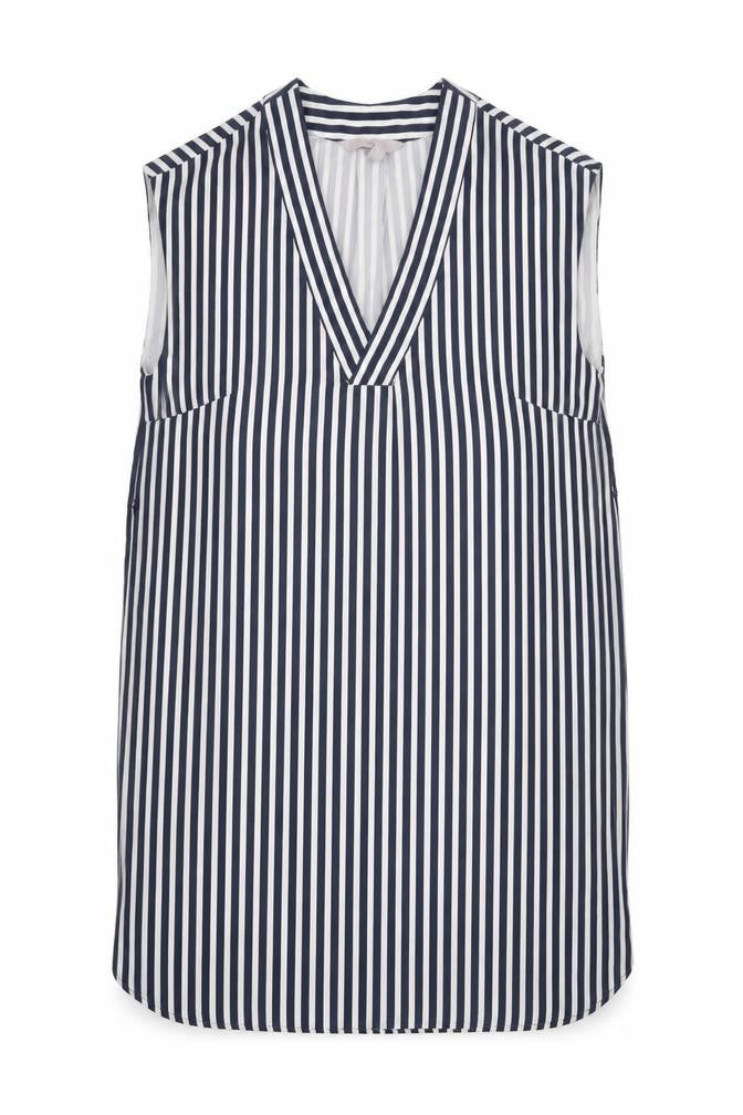 Front view of H&M women’s blue striped polyester a-line, size UK 10, v-neck pullover