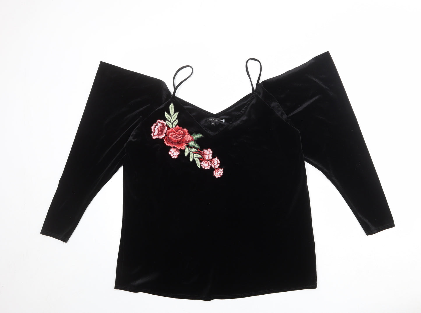 River Island Womens Black Polyester Basic Blouse Size 12 Off the Shoulder - Floral Detail