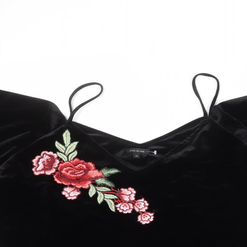 River Island Womens Black Polyester Basic Blouse Size 12 Off the Shoulder - Floral Detail