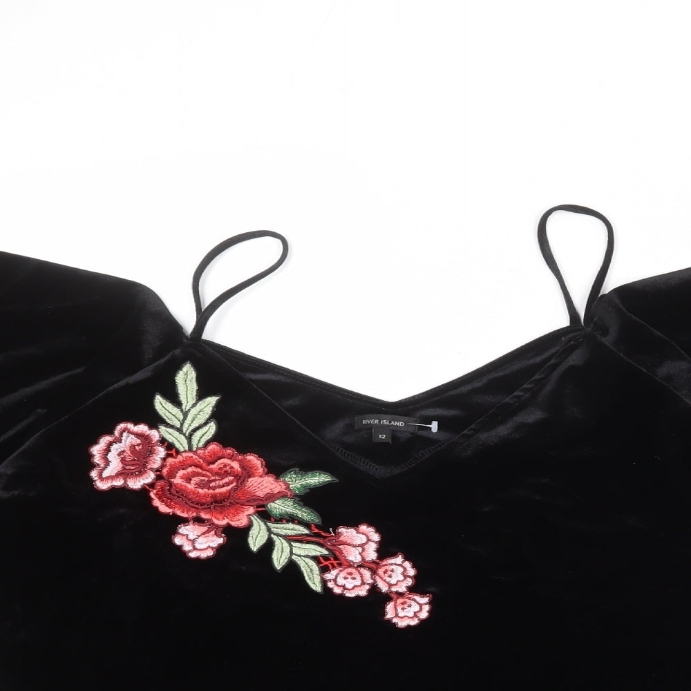 River Island Womens Black Polyester Basic Blouse Size 12 Off the Shoulder - Floral Detail