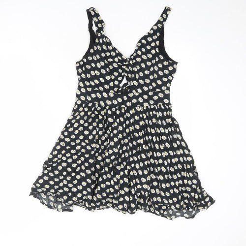 Paper Scissors Womens Black Floral Viscose Mini Size 10 V-Neck Zip