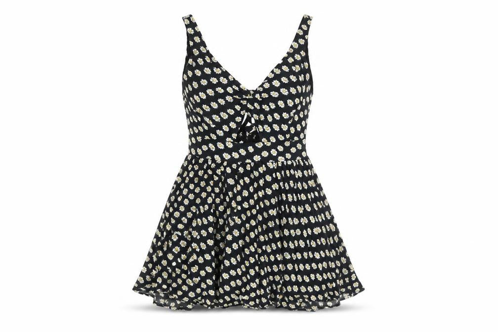 Front view of Paper Scissors women’s black floral viscose mini, size UK 10, v-neck zip