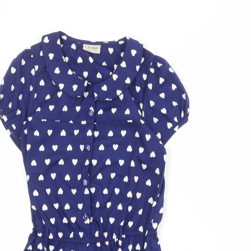 NEXT Girls Blue Geometric Polyester Playsuit One-Piece Size 9 Years L3 in Button - Heart Pattern