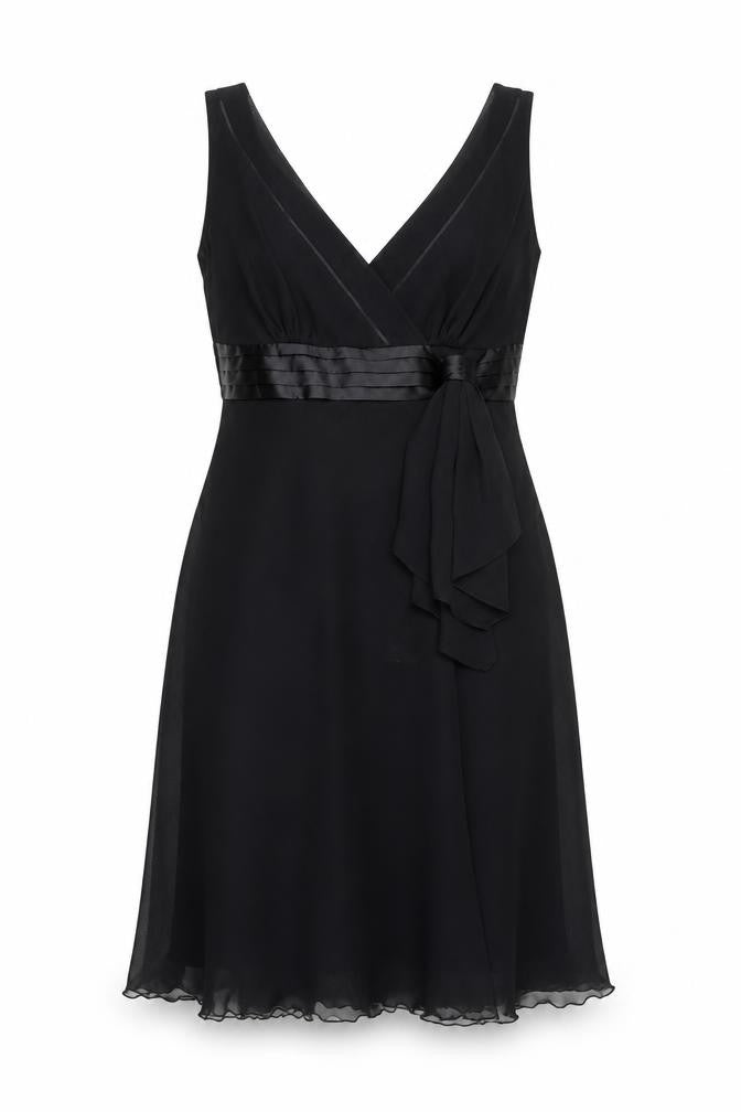 Front view of Debenhams women’s black polyester a-line, size UK 12, v-neck zip