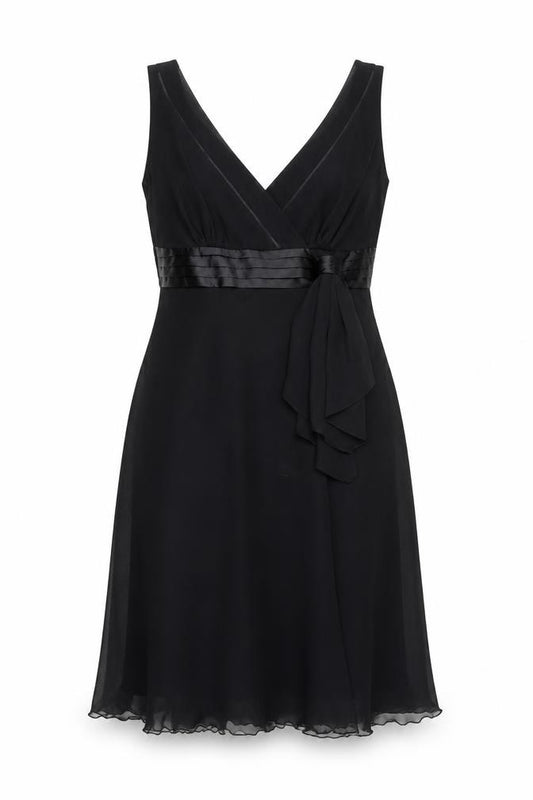Front view of Debenhams women’s black polyester a-line, size UK 12, v-neck zip