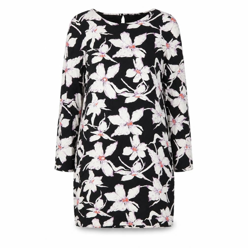 Front view of Vero Moda women’s black floral polyester shift, size S, round neck button