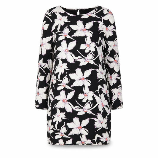 Front view of Vero Moda women’s black floral polyester shift, size S, round neck button