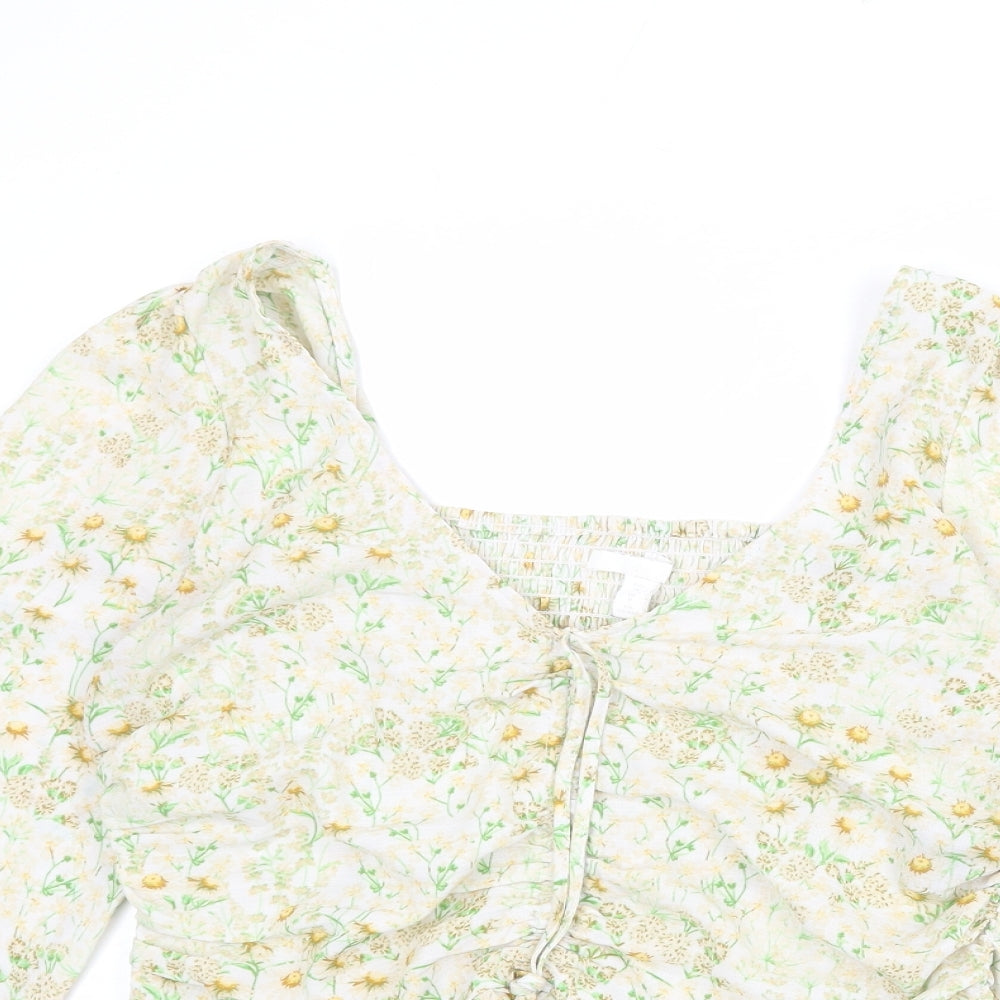 H&M Womens Multicoloured Floral Polyester Basic Blouse Size M V-Neck - Ruched Detail