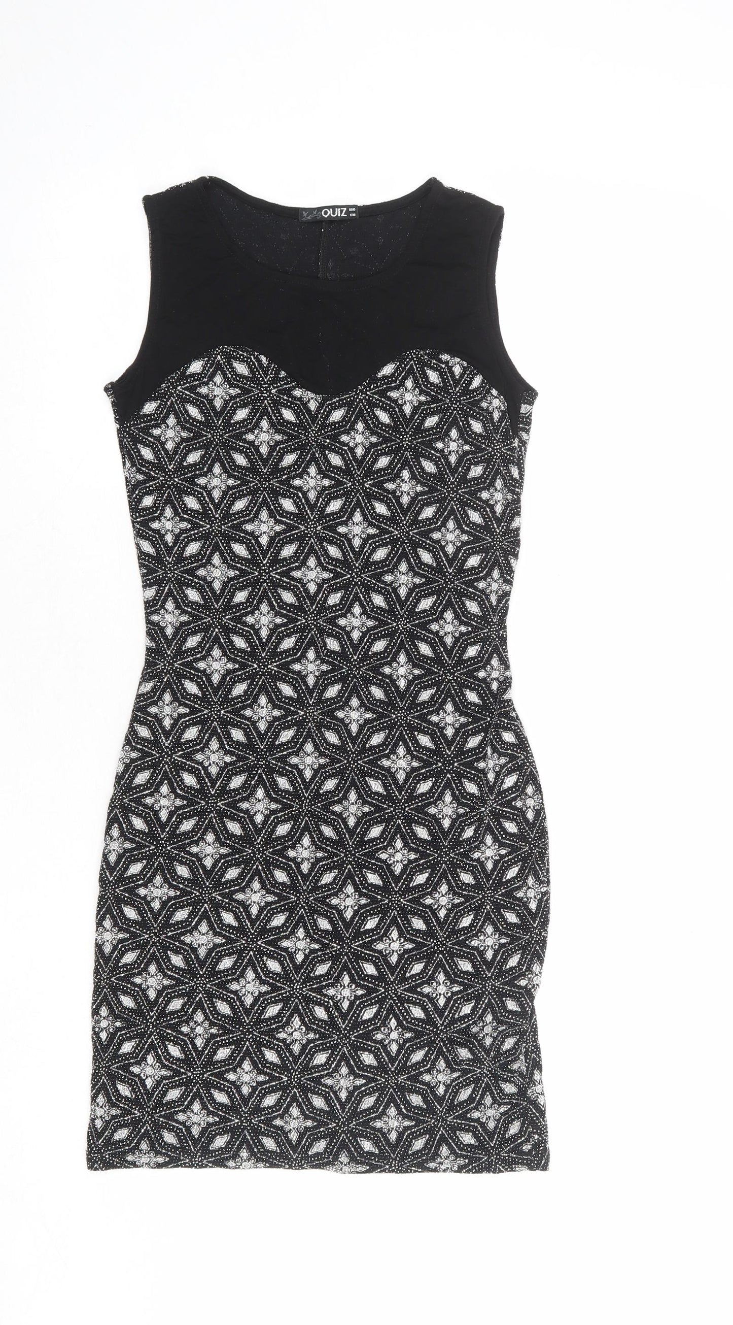 Quiz Womens Black Geometric Polyester Shift Size 10 Round Neck Pullover