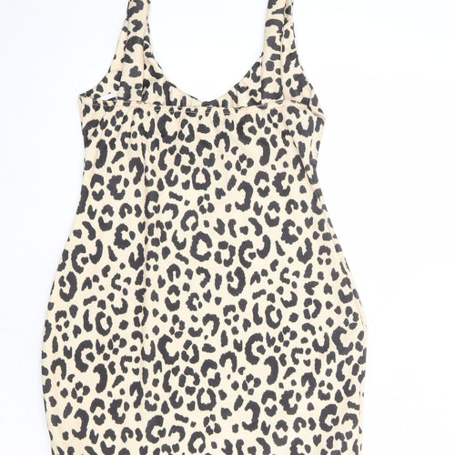 Missguided Womens Beige Animal Print Polyester Tank Dress Size 14 Scoop Neck Pullover - Leopard Print