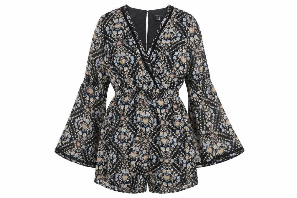 Front view of New Look women’s black geometric polyester playsuit one-piece, size UK 8, 4-inch leg button