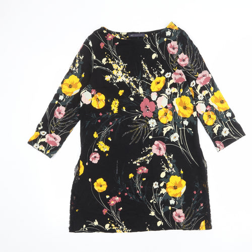 Marks and Spencer Womens Black Floral Viscose Tunic Blouse Size 10 Boat Neck