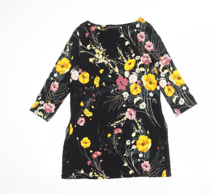 Marks and Spencer Womens Black Floral Viscose Tunic Blouse Size 10 Boat Neck