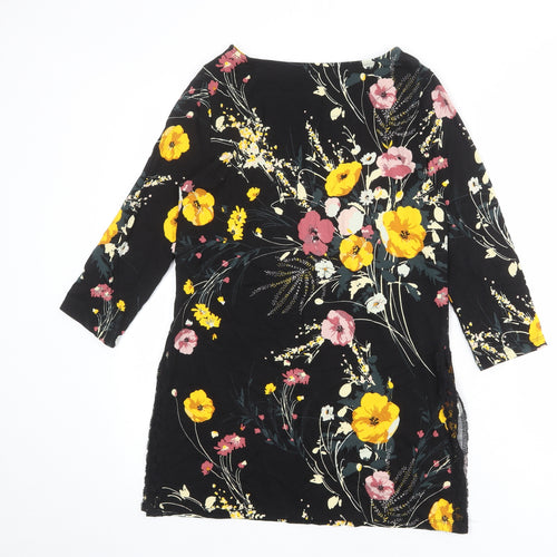 Marks and Spencer Womens Black Floral Viscose Tunic Blouse Size 10 Boat Neck