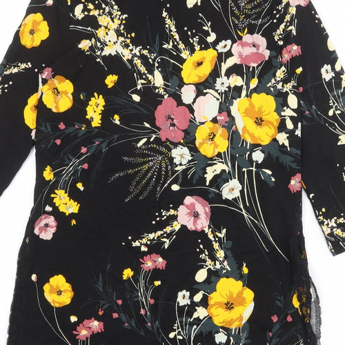 Marks and Spencer Womens Black Floral Viscose Tunic Blouse Size 10 Boat Neck