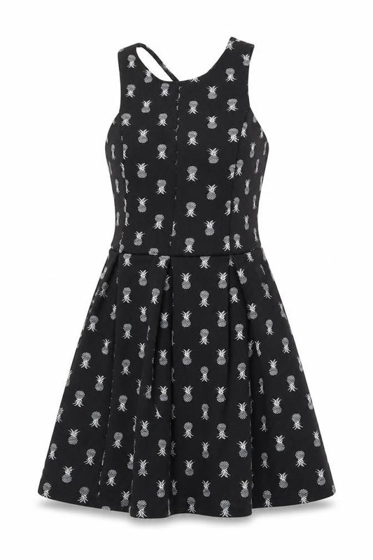 Front view of Hollister women’s black geometric polyester a-line, size S, round neck pullover - pineapple print, open back