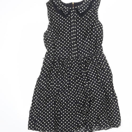 Oasis Womens Black Geometric Modal A-Line Size 10 Collared Zip